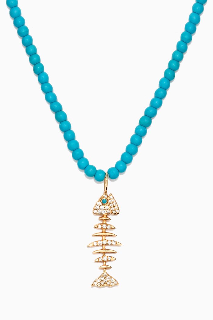 

Beaded Turquoise Wishbone Necklace in 18kt Yellow Gold