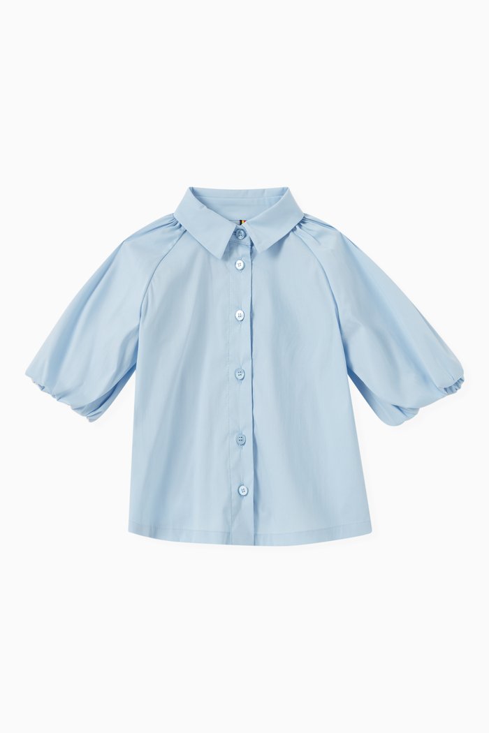 

Puffy Petal Sleeve Shirt in Cotton, Blue