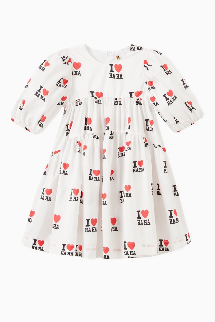 

Haha Print Puff Sleeve Dress, White