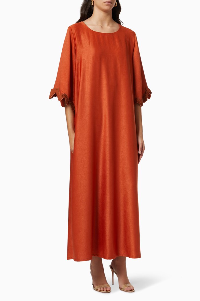 

3D Embroidered Kaftan in Silk, Orange