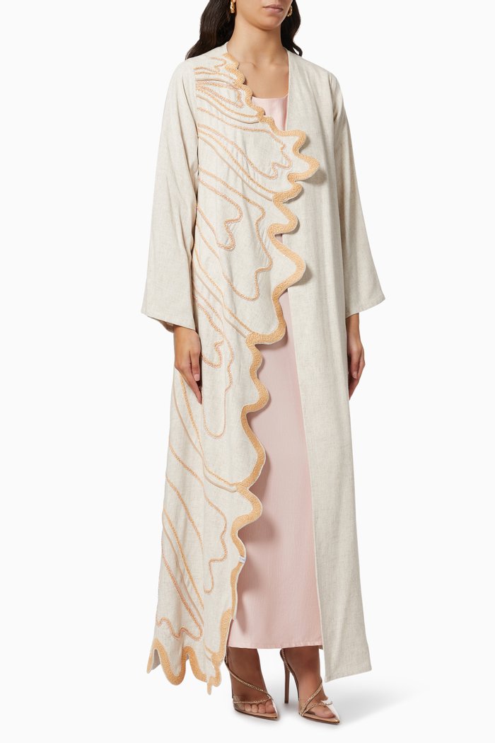 

Corolla Embroidered Abaya Set in Linen, Grey