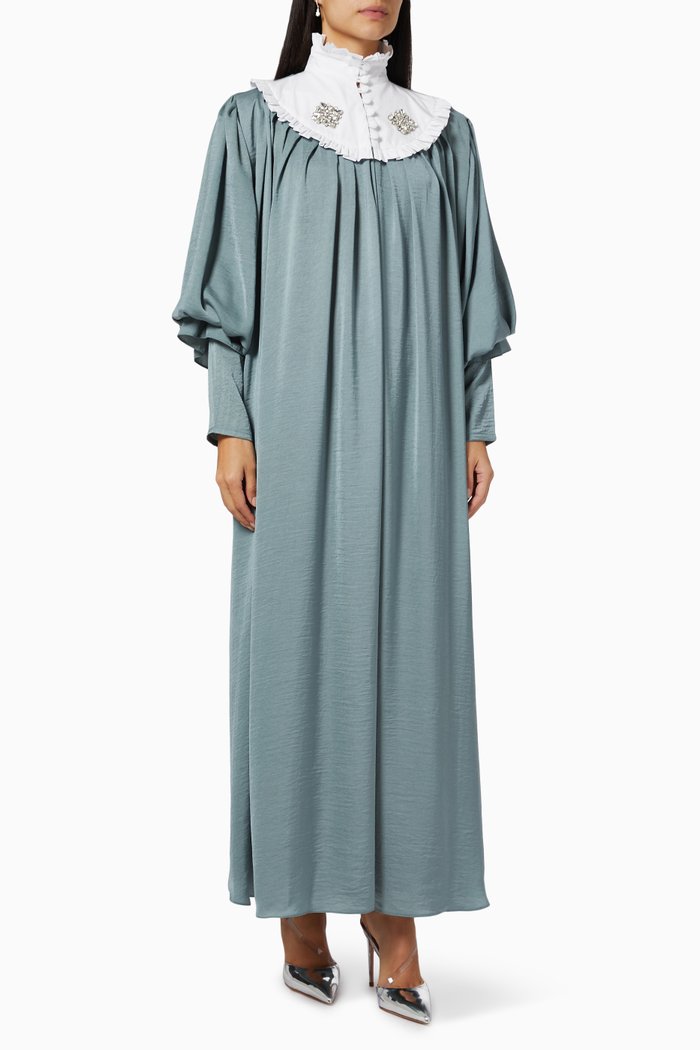 

High Neck Kaftan in Crushed Linen, Grey