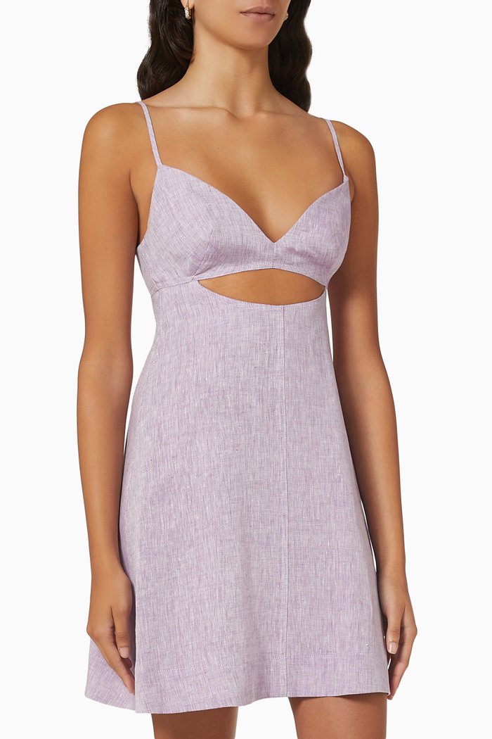 

Kimmie Cut Out Mini Dress in Linen, Purple