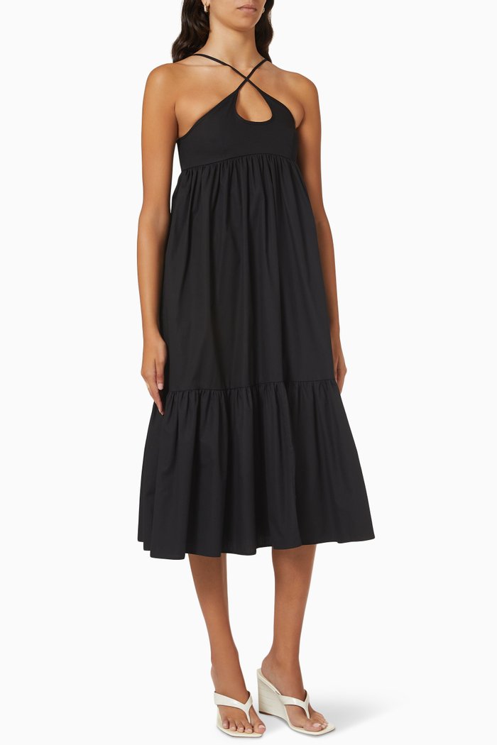 

Cross Strap Cutout Midi Dress in Cotton Poplin, Black