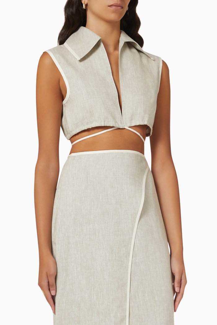 

Sleeveless Wrap Crop Top in Linen, Neutral