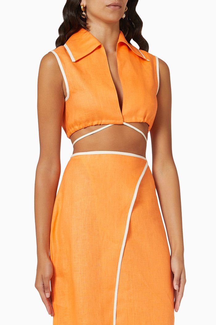

Sleeveless Wrap Crop Top in Linen, Orange