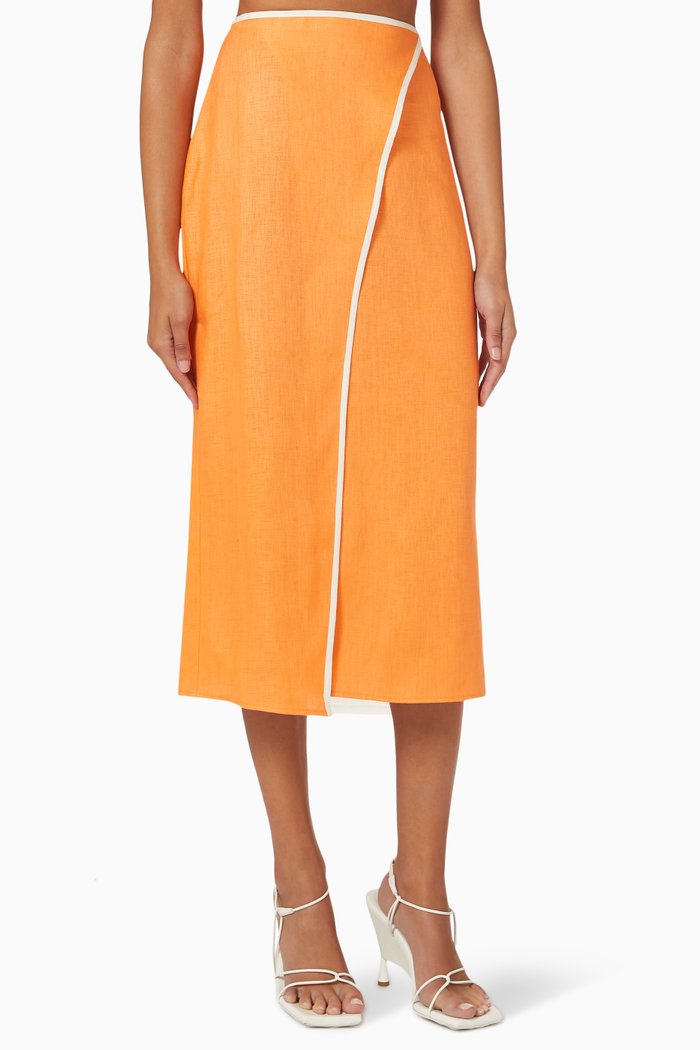 Wrap Midi Skirt in Linen, Orange