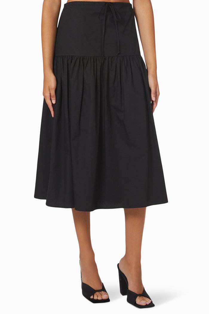

Drawstring Gathered Midi Skirt in Cotton Poplin, Black