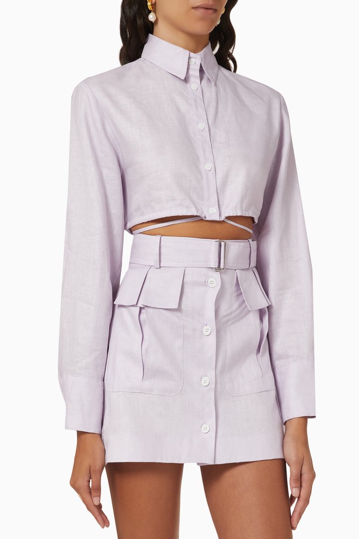 

Cropped Button-up Top in Linen, Purple