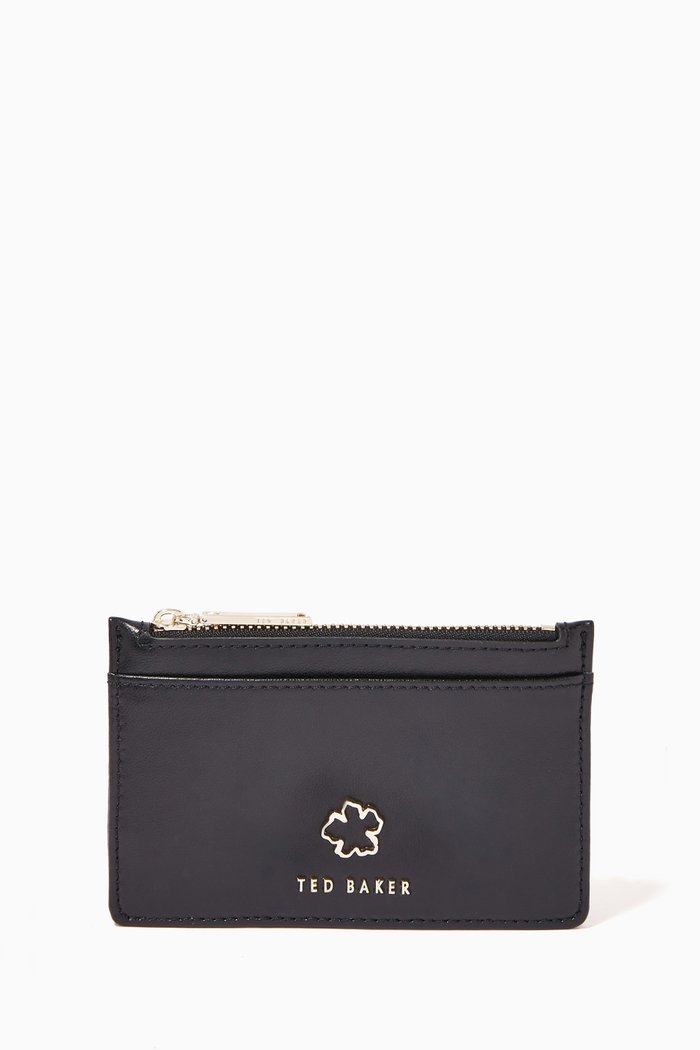 

Jorjio Flower Eyelet Zip Card Holder in Leather, Black