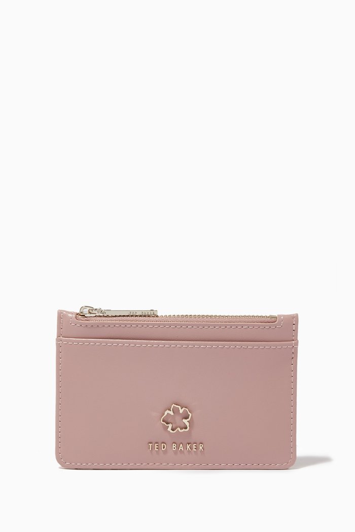 

Jorjio Flower Eyelet Zip Card Holder in Leather, Pink