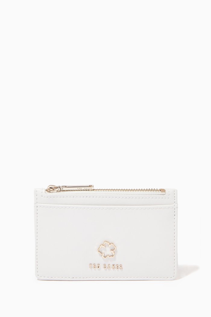 Jorjio Flower Eyelet Zip Card Holder in Leather, Neutral