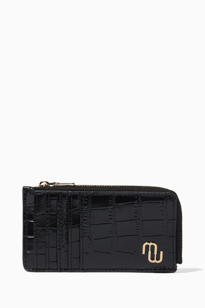 Selma Zip-up Card Holder in Croc-embossed Leather, Black