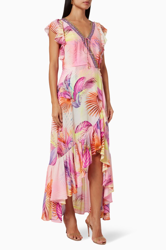 South Beach Sunrise Ruffle Wrap Dress in Silk, Pink