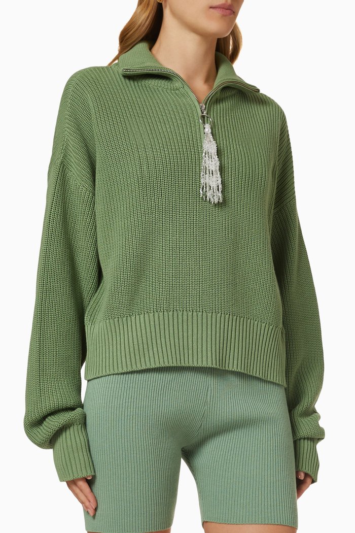 

High Neck Zip Tassel Jumper in Wool, Green