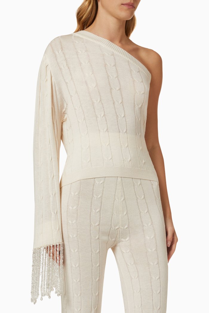 

Embellished One Shoulder Top in Cable Knit, Neutral