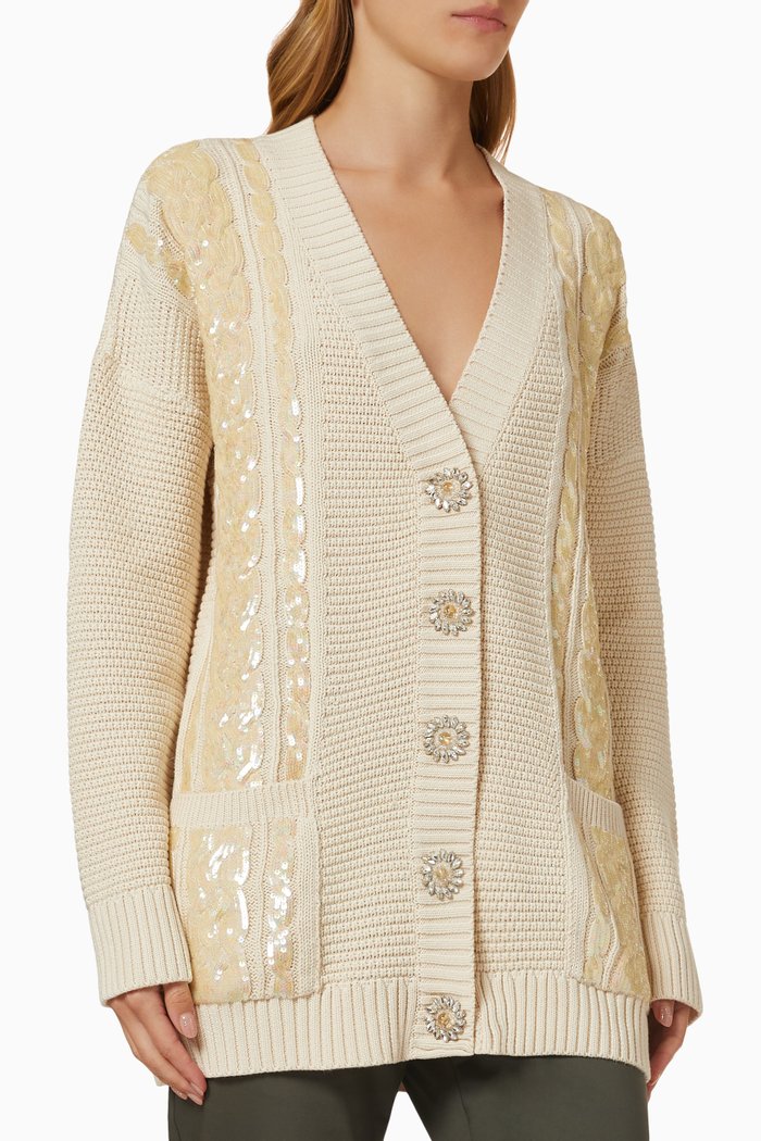 

Sequin Embellished Cardigan in Cable Knit, Neutral