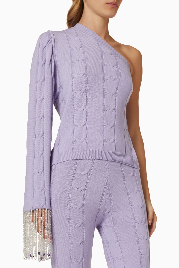 

Embellished One Shoulder Top in Cable Knit, Purple
