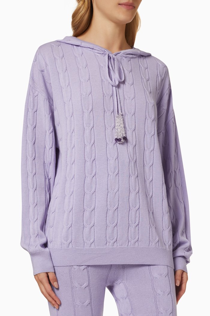 

Embellished Hoodie in Cable Knit, Purple