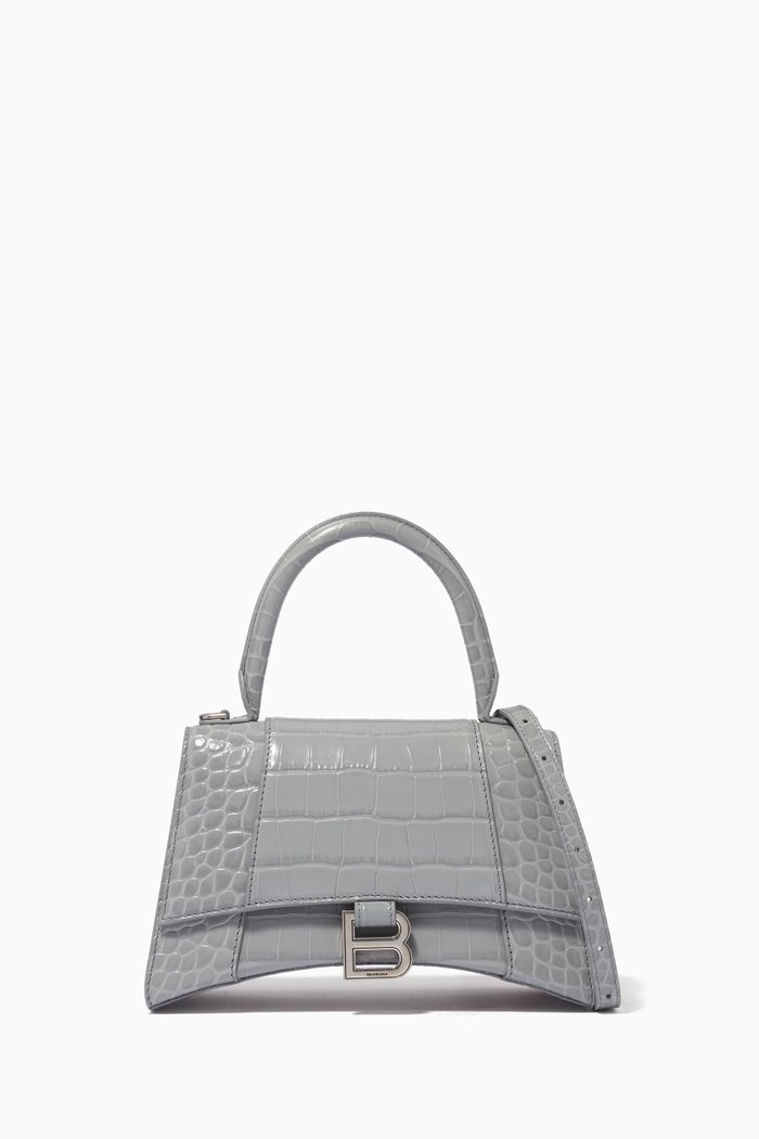 

Hourglass Small Top Handle Bag in Shiny Croc-embossed Calfskin, Grey