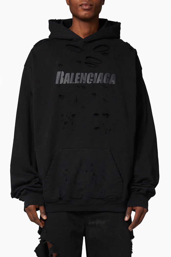 Caps Destroyed Oversized Hoodie in Organic Medium Fleece, Black