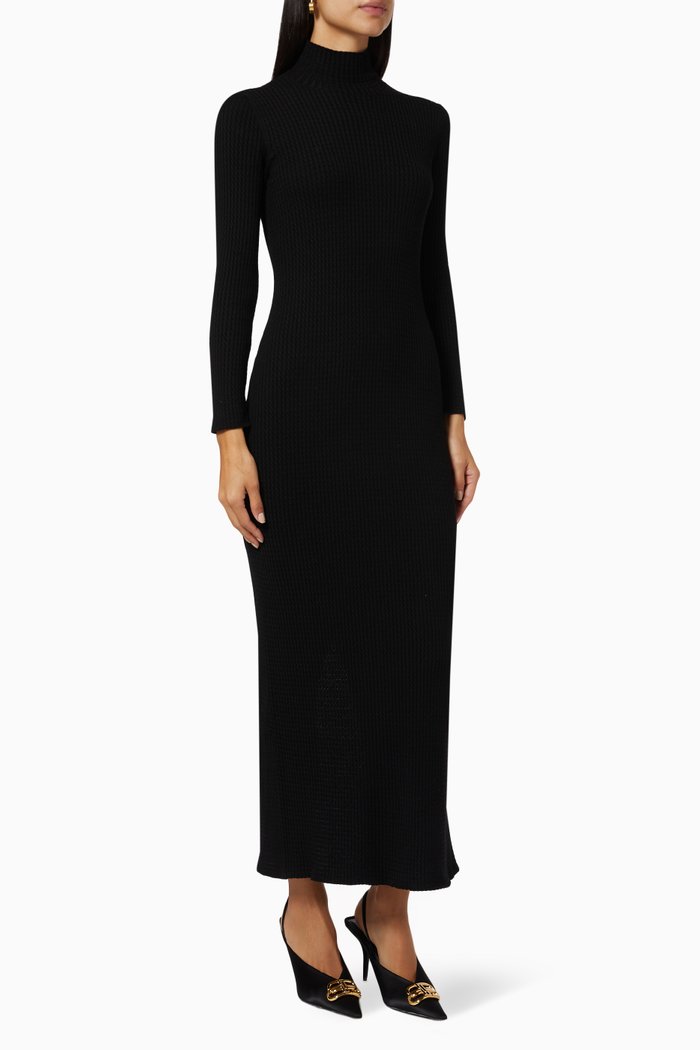 

Fitted Dress in Micro Cable Knit Wool, Black