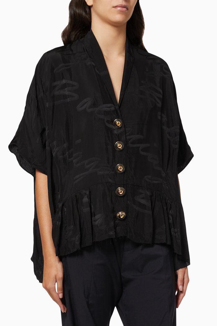 Handwritten Oversized Blouse in Logo Jacquard Viscose, Black