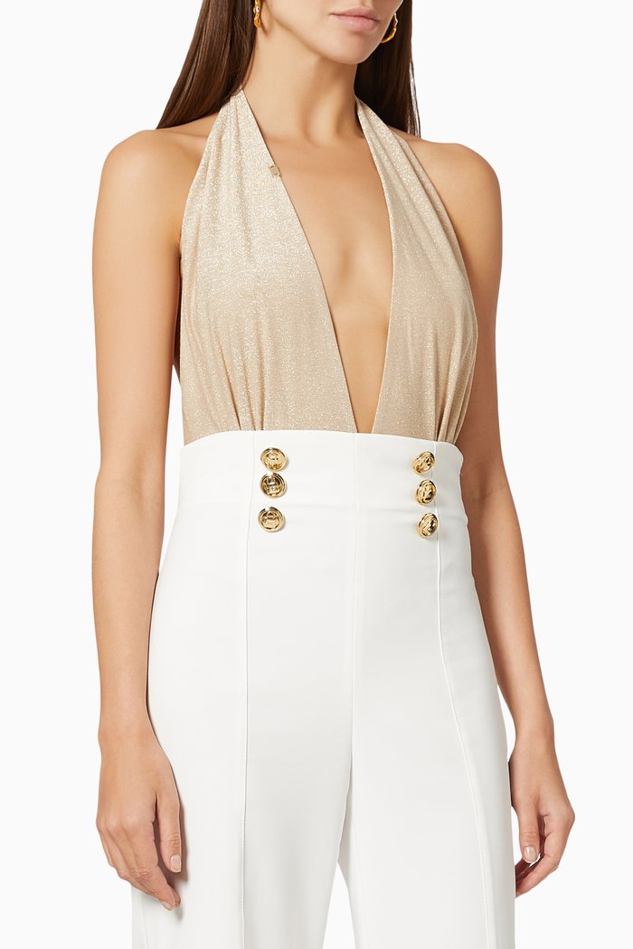 

Plunging Bodysuit in Lamé Jersey, Gold
