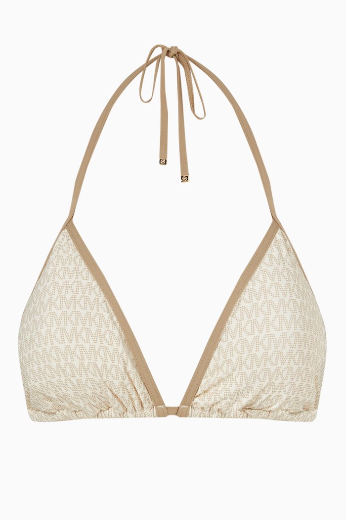 

All-over Logo Triangle Bikini Top in Stretch Nylon, Brown