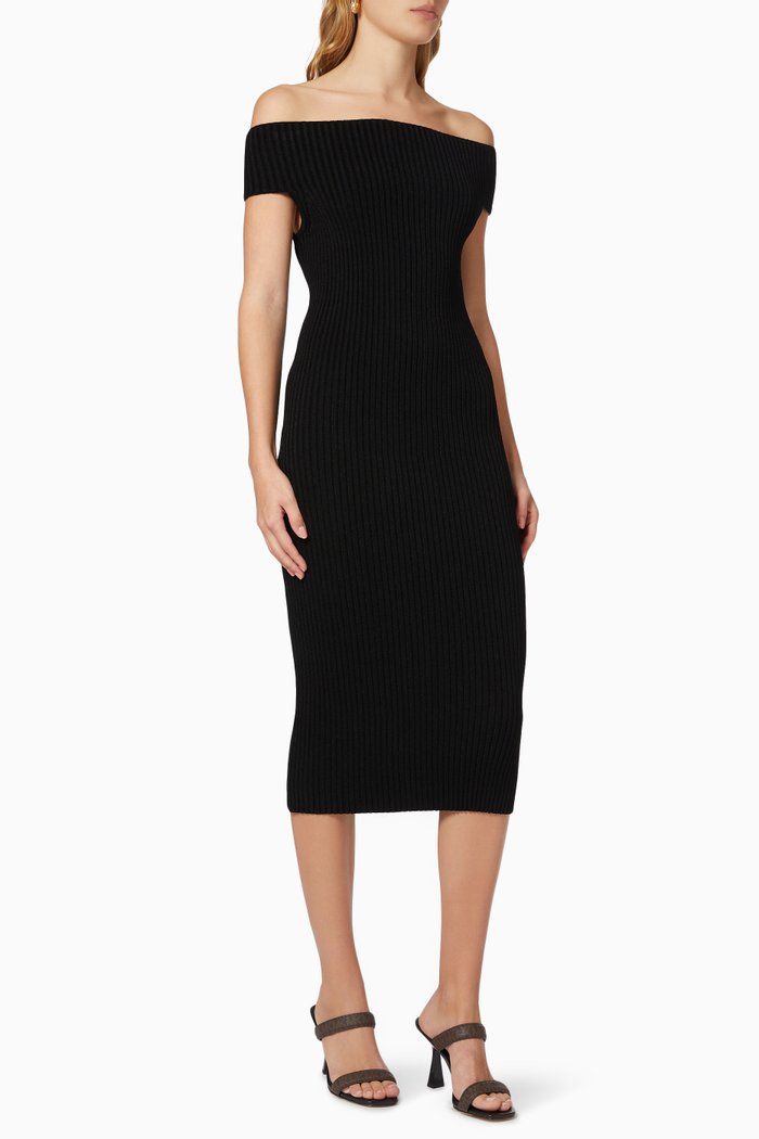Off-the-shoulder Dress in Rib-knit Viscose, Black