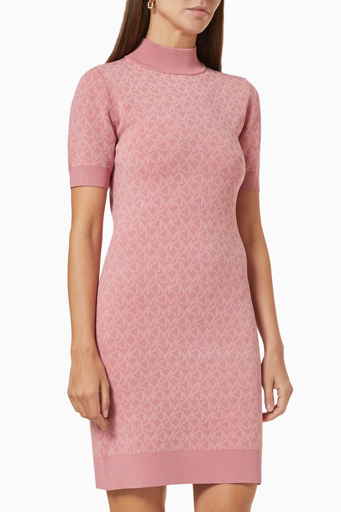 Logo Jacquard Mock Neck Dress, Red