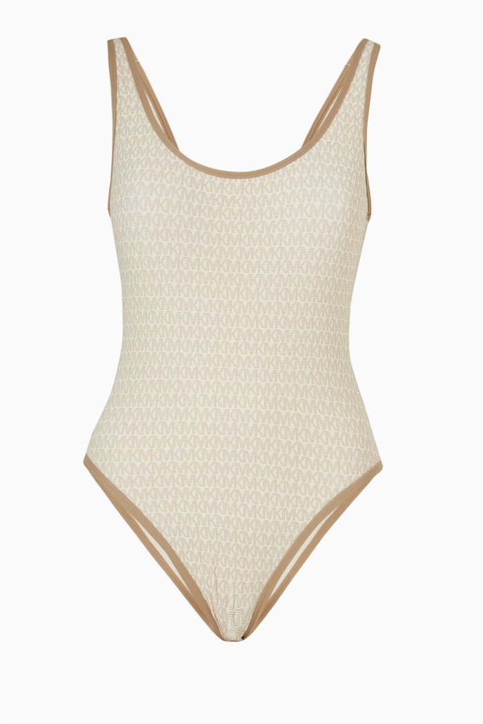 

All-over Logo Scoopback Swimsuit in Stretch Nylon, Brown