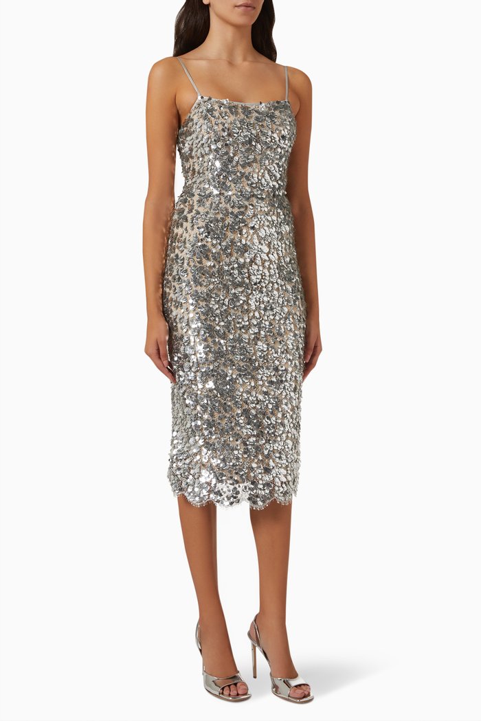 

Metallic Paillette Lace Slip Dress, Silver