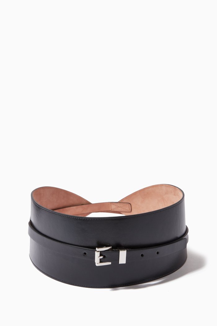 Wide Waist Belt in Leather, Black