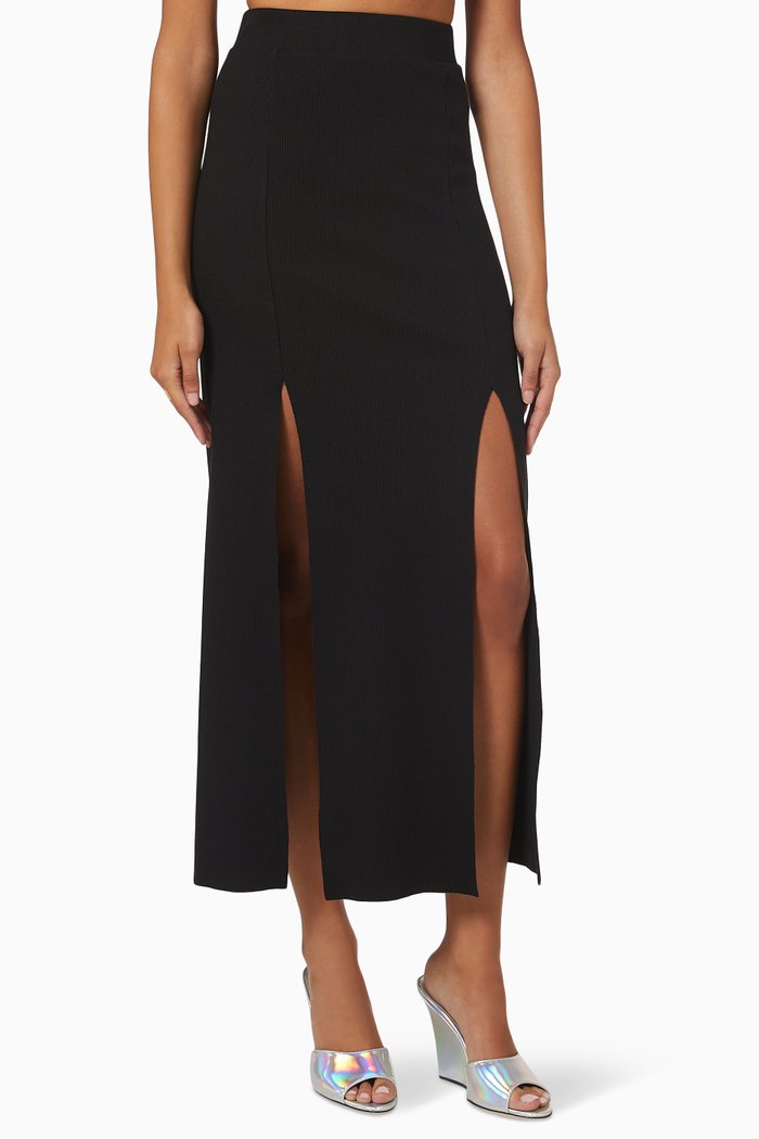

Slashed Midi Skirt in Ribbed Fabric, Black