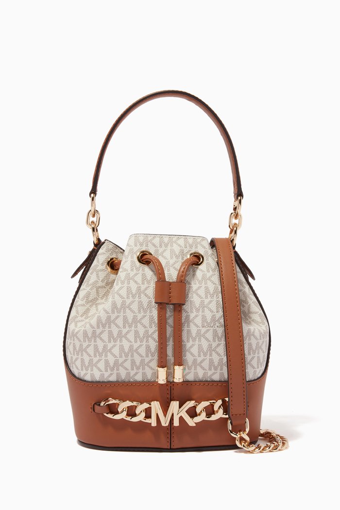 

Devon Small Bucket Bag in Logo Canvas & Leather, White