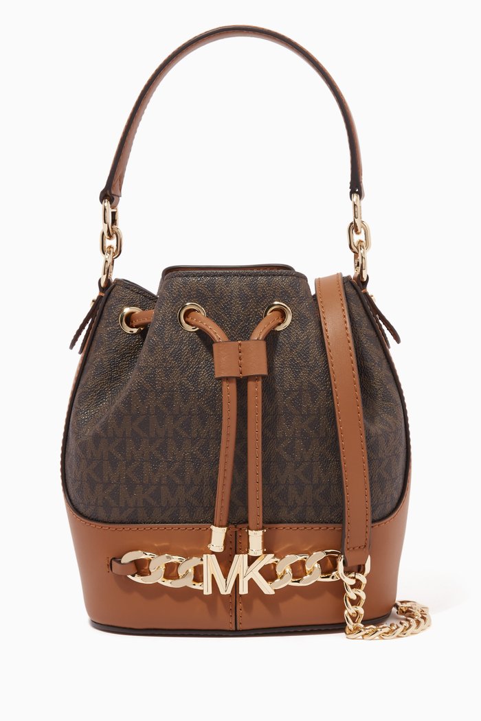 

Devon Small Bucket Bag in Logo Canvas & Leather, Brown