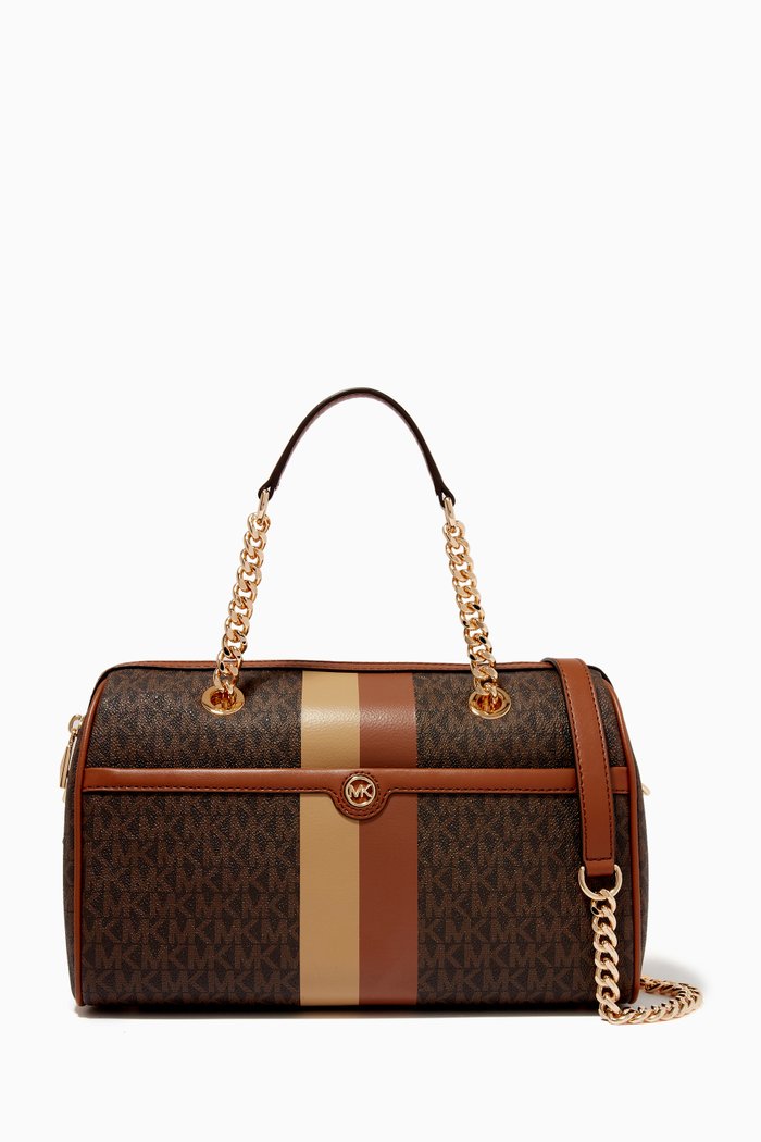 

Blaire Medium Duffle Bag in Logo-print Canvas & Leather, Brown