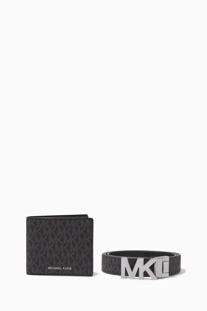 

Logo Belt and Billfold Wallet Set in Leather, Black