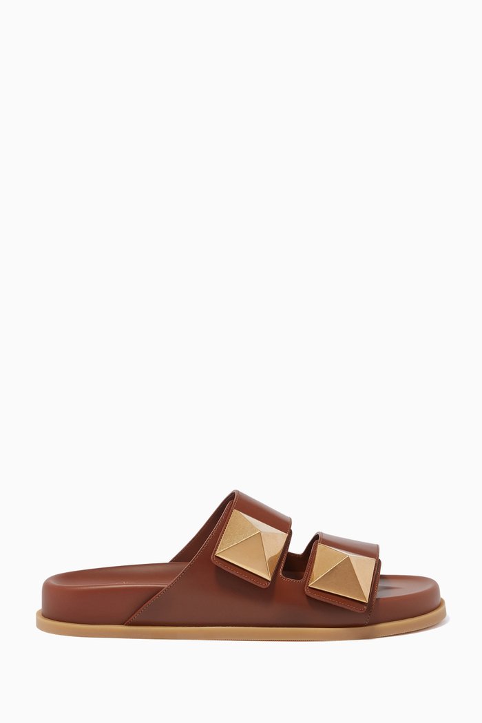 

Valentino Garavani One Stud Slides in Leather, Brown
