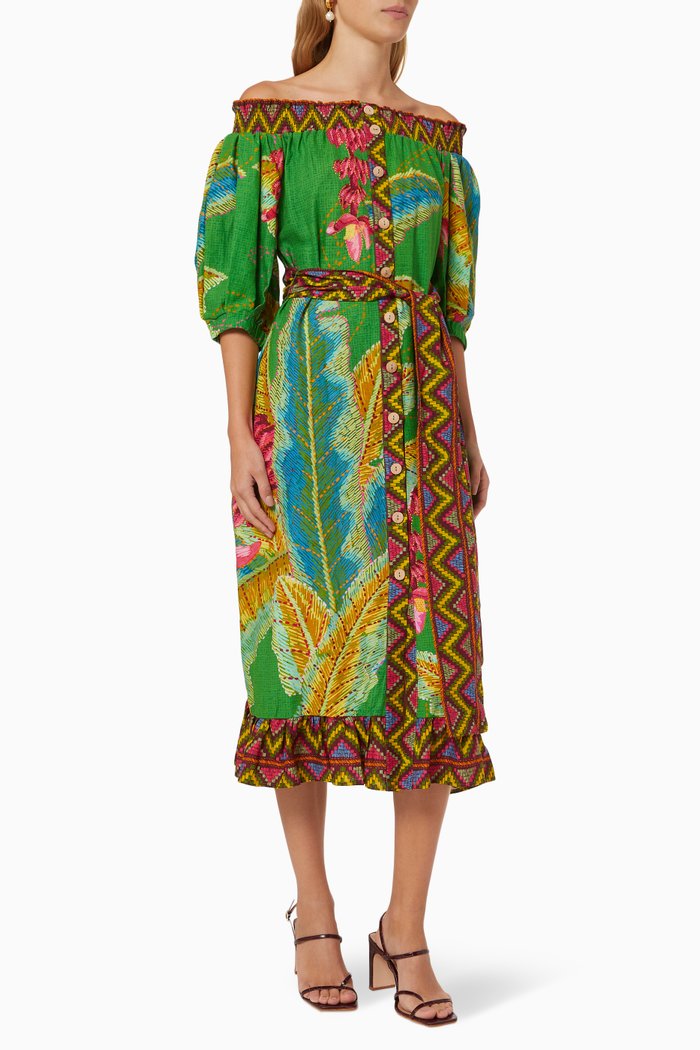 

Banana Leaves Off The Shoulder Midi Dress, Green