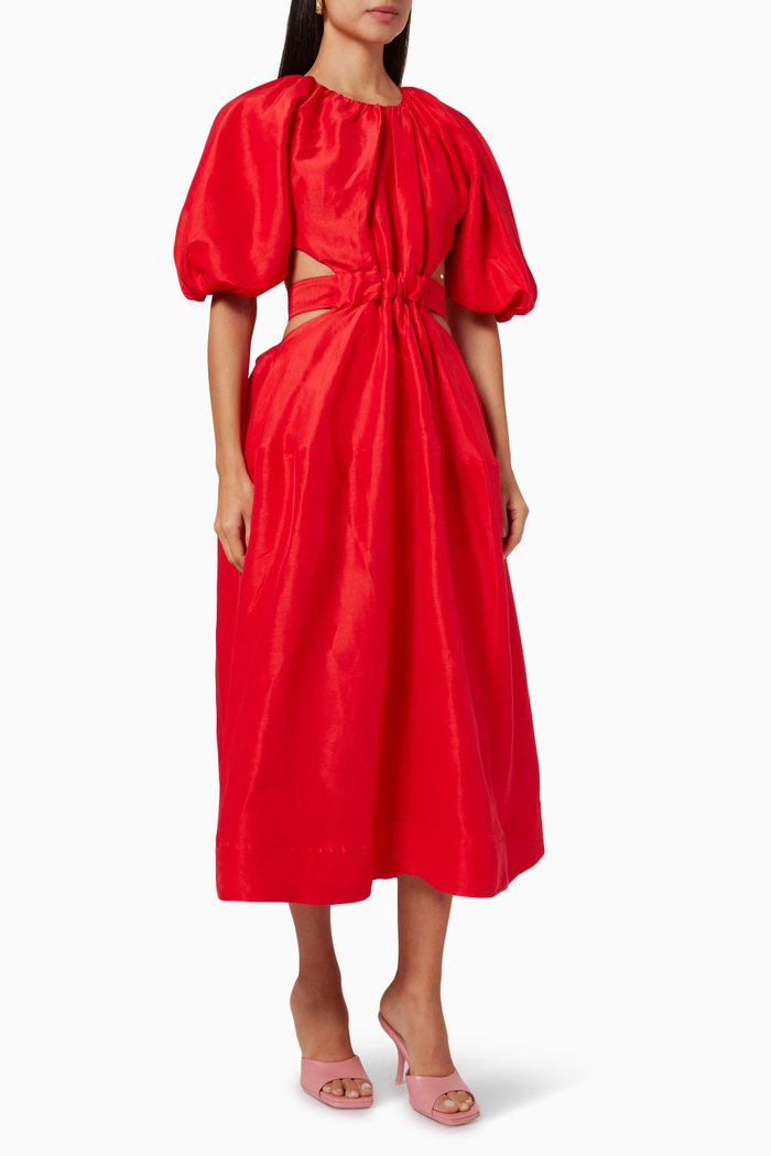 

Mimosa Cut Out Midi Dress in Linen, Red