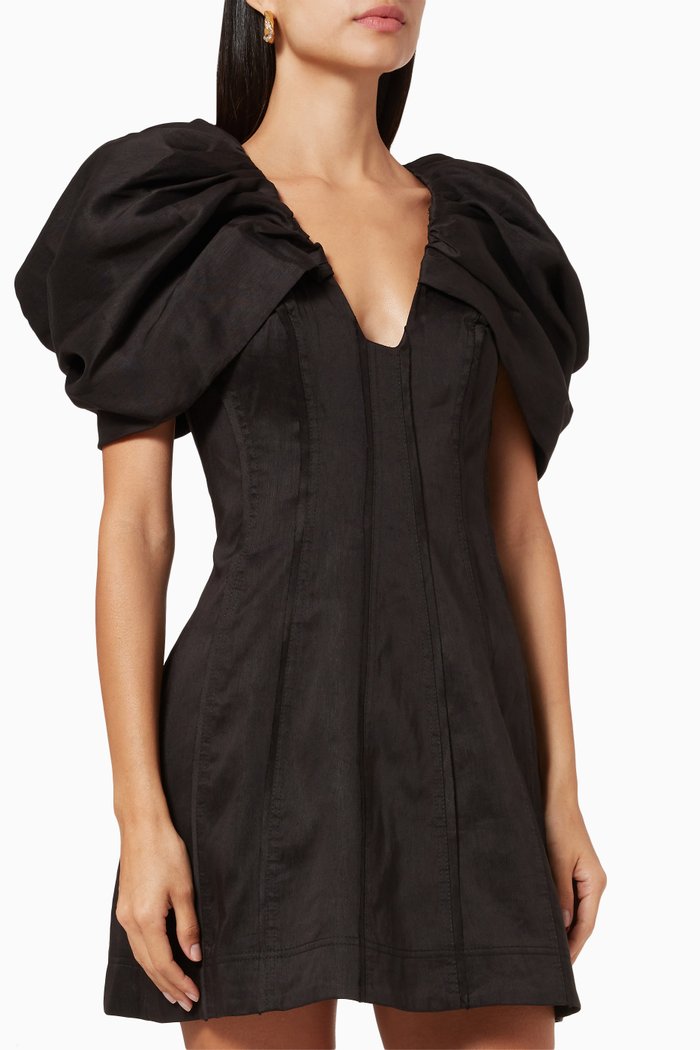 

Admiral Butterfly Sleeve Mini Dress in Linen, Black