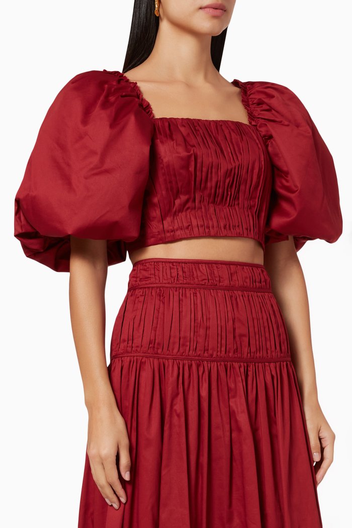 

Enamour Puff Sleeve Cropped Top in Cotton Poplin, Burgundy