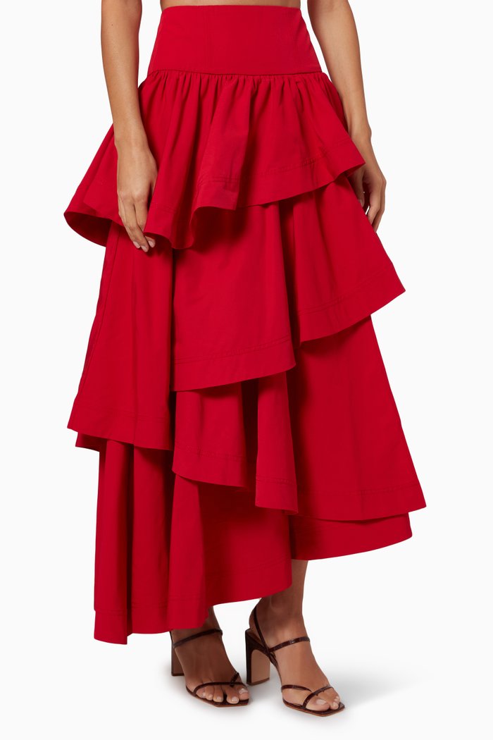

Cosmos Tiered Frill Midi Skirt, Red