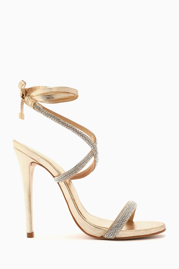 

Cloe Crystal Heel Sandals in Metallic Leather, Silver