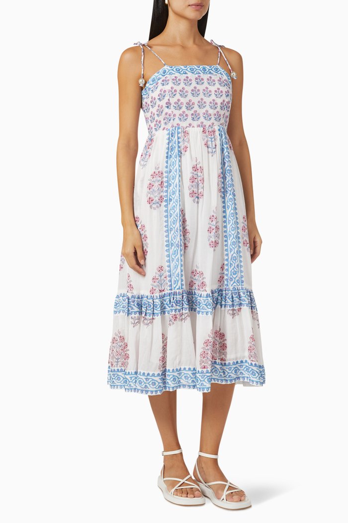 

Tie Strap Midi Dress in Cotton Voile, Blue