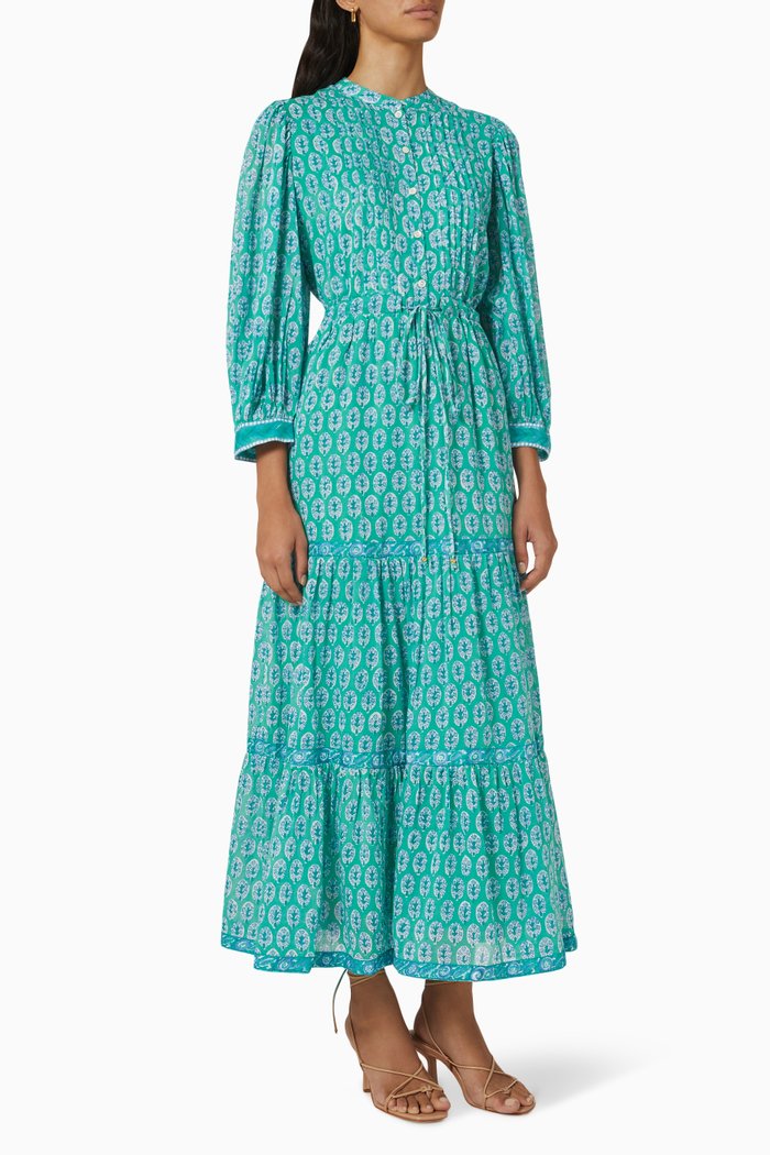 

Cinched Pintuck Maxi Dress in Cotton Voile, Blue