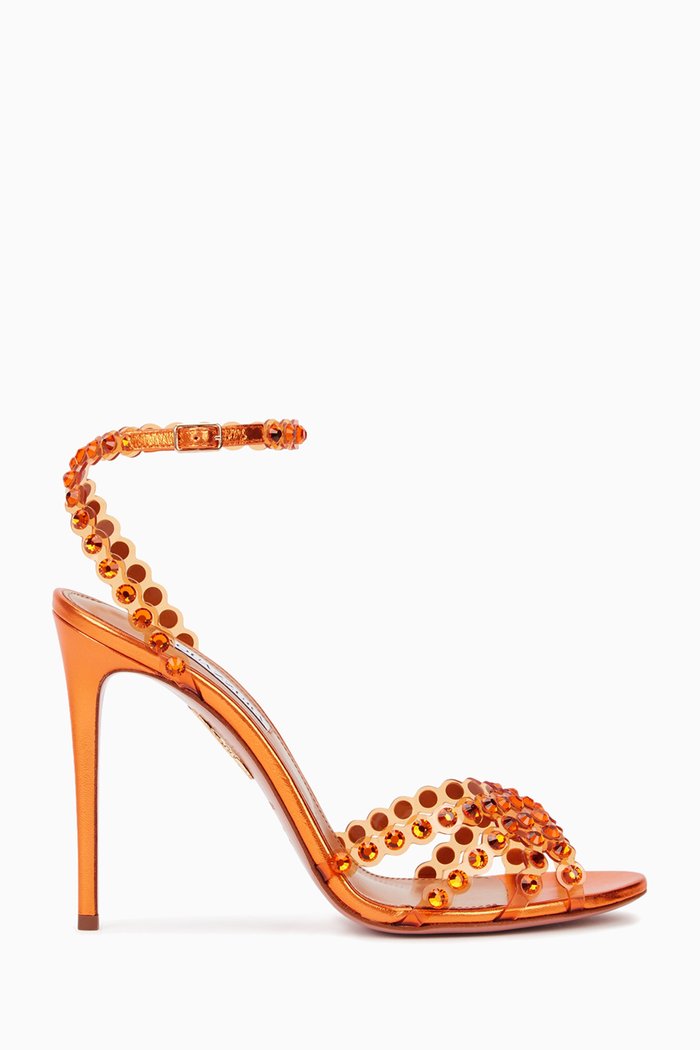 Tequila Heel Sandals in Plexi & Leather, Orange
