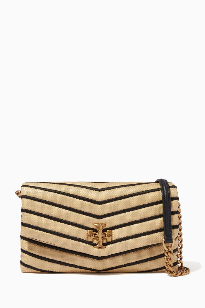 

Kira Small Wallet on Chain in Quilted Straw & Leather, Neutral